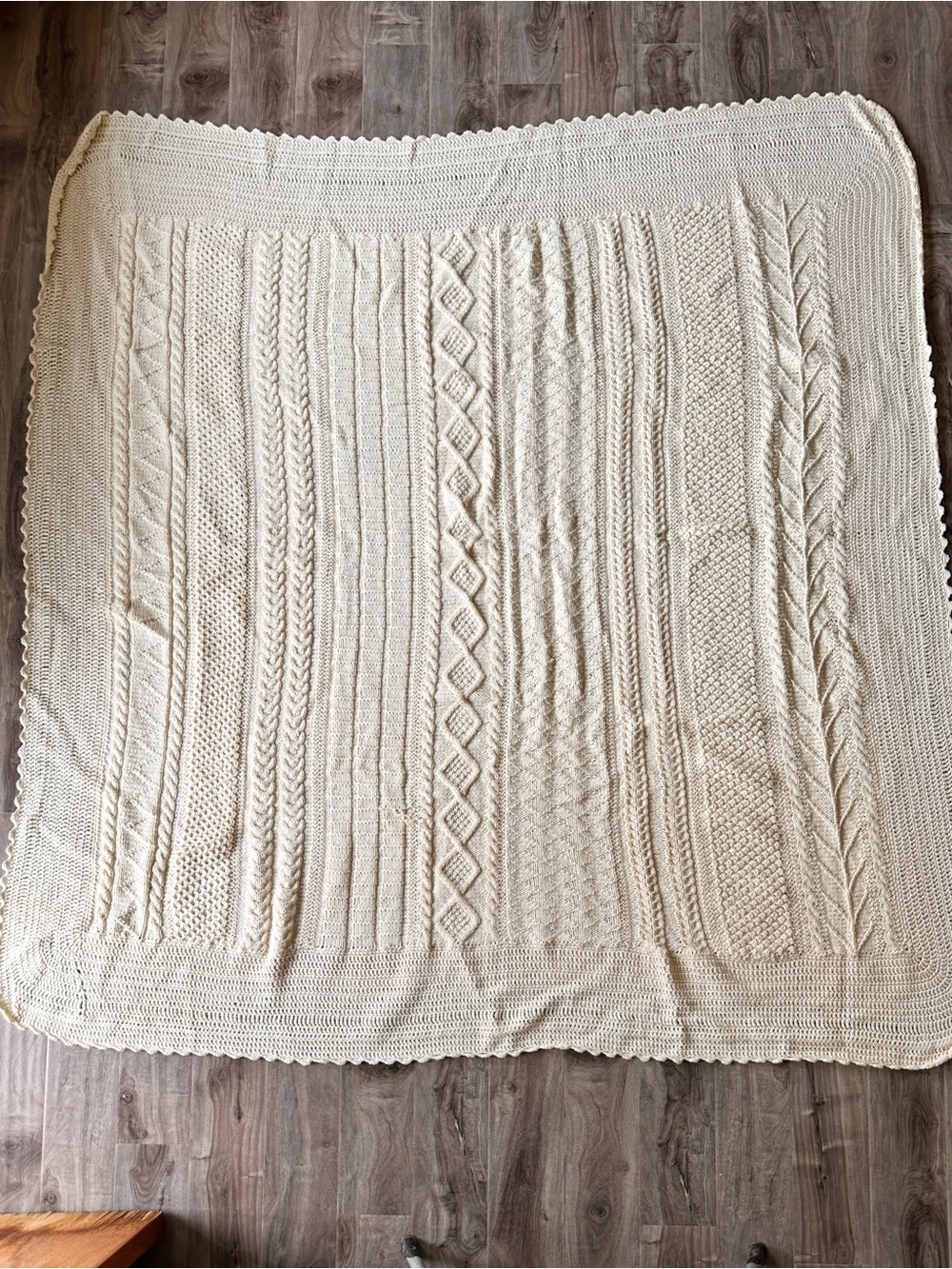 Handmade Cream Cable Knit Throw Blanket Crochet Border Vintage Handknit